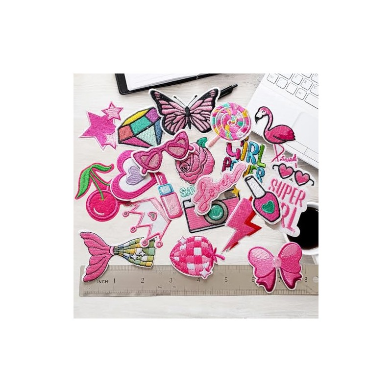 MISDONR 20Pcs Iron On Patches for Girls Teens, Pink Fashion