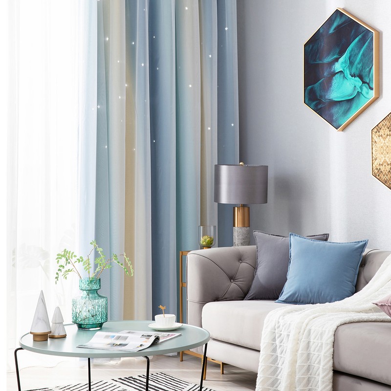 2pc Curtain Simple Gradient Hollow-out Star Pattern Double Layer Blackout