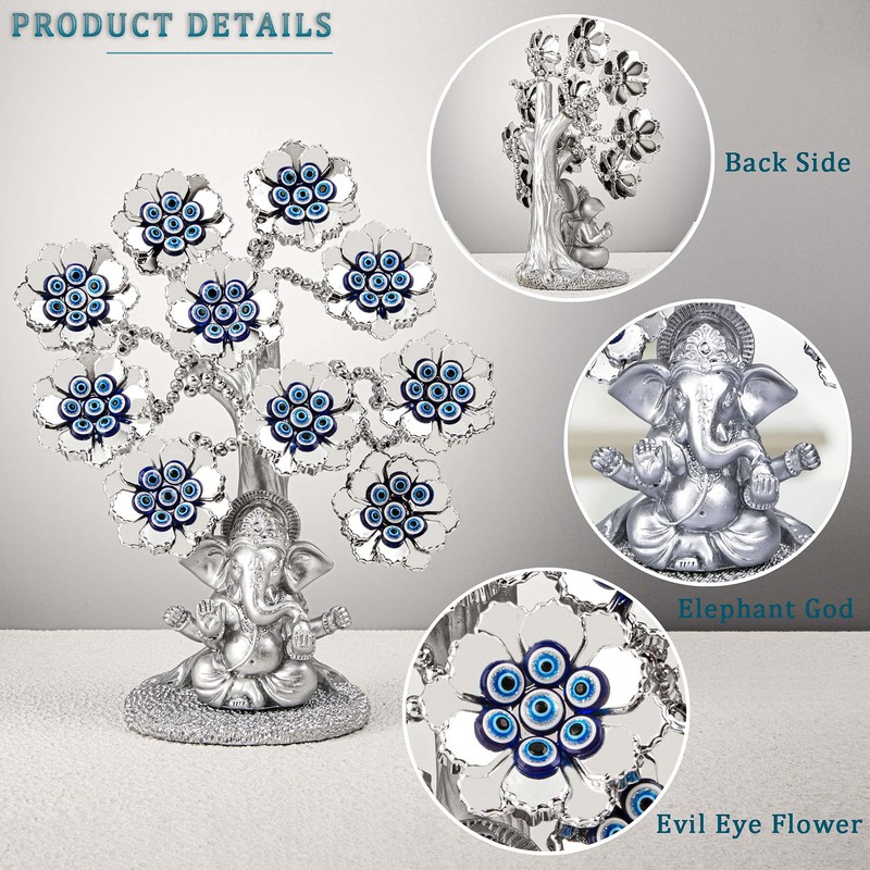 Evil Eye Flowers Lucky Tree with Silver Ganesha Hindu Elephant
