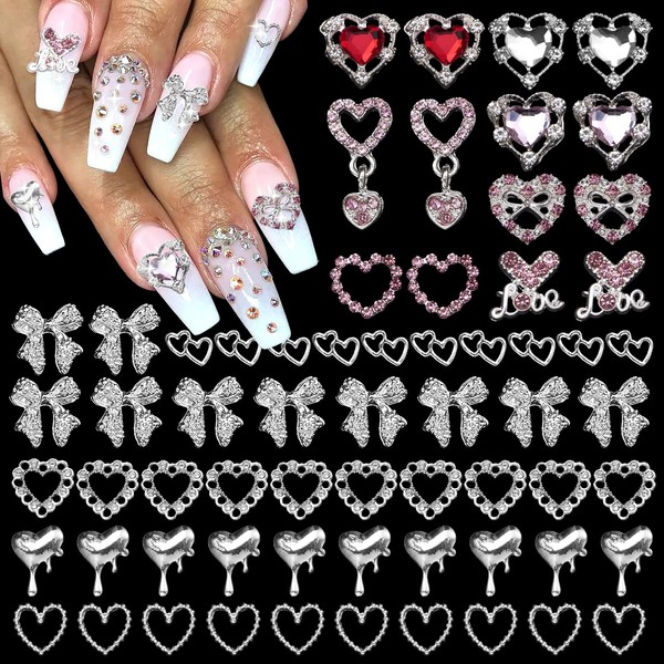 64 Pcs Valentine's Day Heart Nail Gems and Charms, Silver