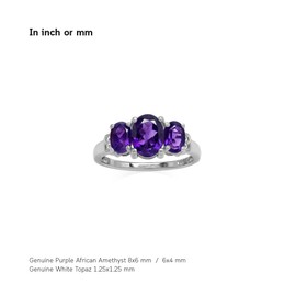 Silvershake 1.97ct. 3 Stone Natural Oval Shape African Amethyst and White Topaz 925 Sterling Silver Ring Size 8.5