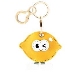 BORKUANA Leather Keychain Holder Case Compatible with AirTag,Cute Big Eyed Fruit Element Protective Air Tag Cover with KeyRing,Anti-Scratch Finder GPS Tracker Case for Wallet,Keys,Bag,Pets(Lemon)
