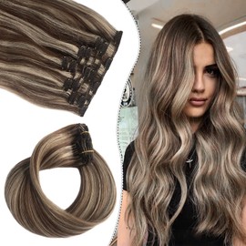 Blonde Highlights Clip in Hair Extensions, OiMiGO Natural Blonde Human Hair Extensions Chestnut Brown and Bleach Blonde Invisible Clips 7 Pcs 15 Inch 70g Straight Remy Human Hair Clip on Extension