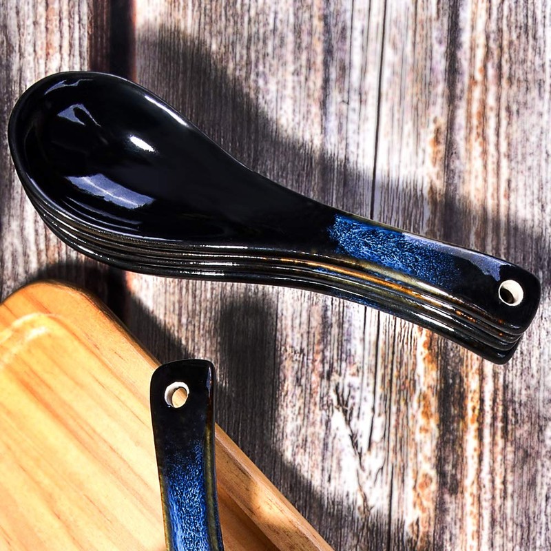 Japanese Soup Spoon set of 5, Blue and Black Vintage