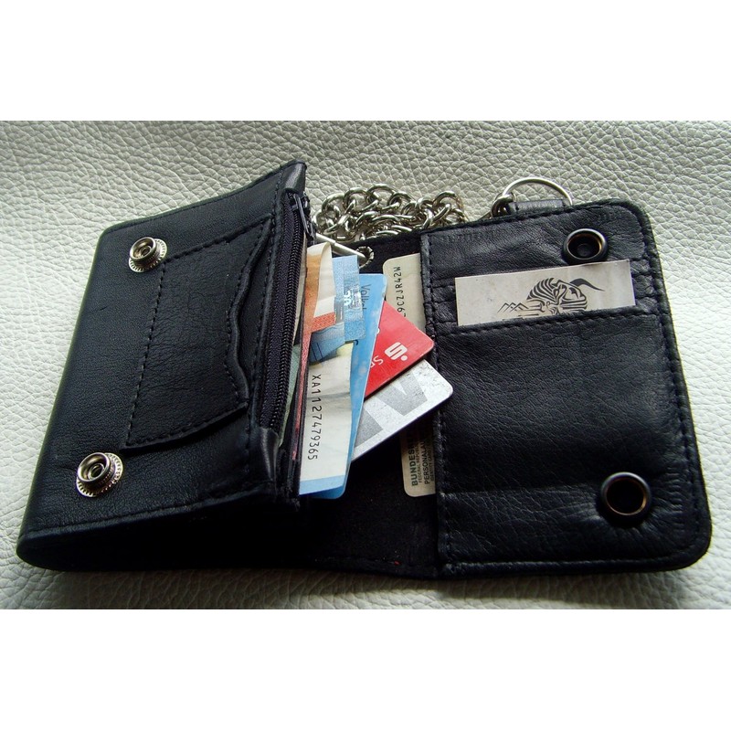 Biker Leather Wallet H.D. Skull Silver Leather Colour Black with