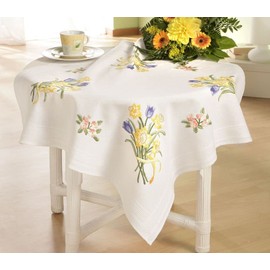 DECO-LINE Daffodil 80X80CM Printed Tablecloth Embroidery KIT, WHITE, 31.5 x 31.5 inch (Square)