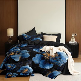 CCoutueChen Black Marble Comforter Set Queen Size, Navy Blue Floral Bedding Set for Women,Abstract Lightweight Down Alternative Comforter - 3Pieces Soft Reversible Microfiber Quilt with 2 Pillowcases