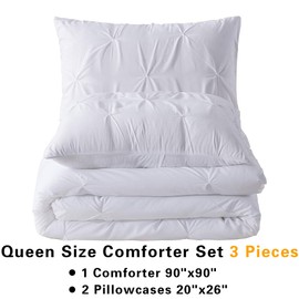 Andency White Queen Comforter Set(90x90Inch), 3 Pieces Cute Pinch Pleat Bedding Comforters & Sets for Queen Bed, Soft Lightweight Fluffy Down Alternative All Season Bed Set