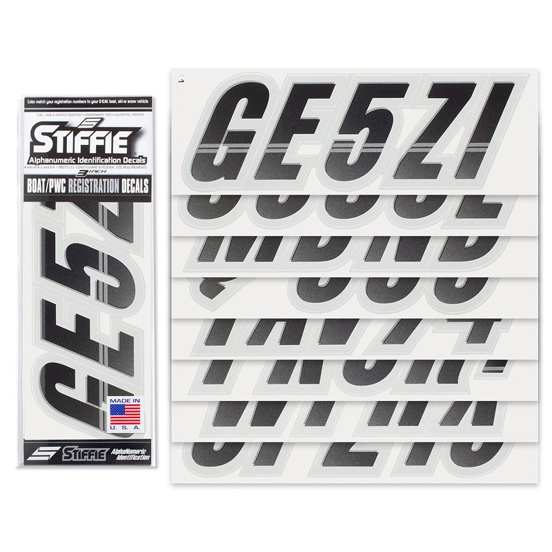 STIFFIE Techtron Black/Silver 3" Boat & PWC Registration Decals •