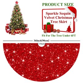 FUHSY Red Tree Skirts Christmas Sequined Tree Decorations 36 Inches Diameter Velvet Fabric Glitter Embroidered and Sequined Tree Cover Skirts Soft Shimmer Tree Mat for All Occasions