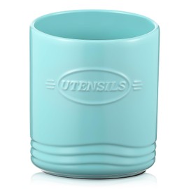 Teenyyou 7.4" Large utensils holder for kitchen counter Ceramic kitchen Utensil Crock Farmhouse Vase Cooking Caddy Organizer with Slanted Top for House Decor Housewarming Birthday Gif(Turquoise)