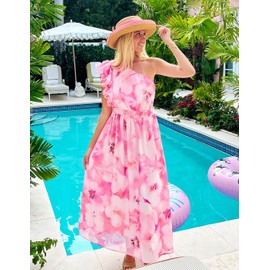 ZESICA Women's 2025 Boho Floral Sleeveless Maxi Dress Ruffle One Shoulder Elatsic High Waist Beach Party Long Dresses,Pink,X-Large