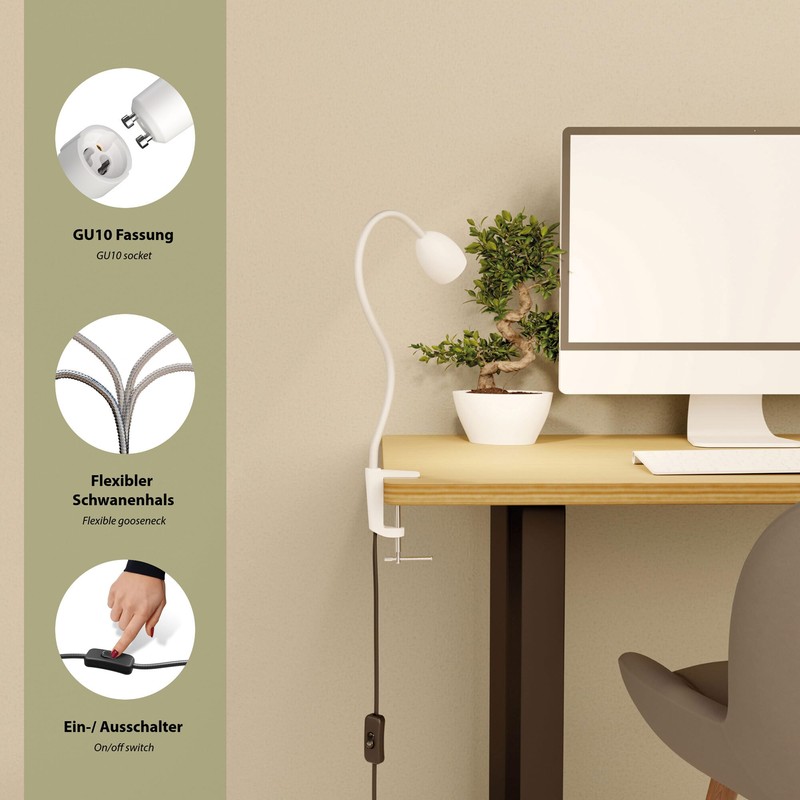 ledscom.de KLUK GU10 Clamp Light with Gooseneck White with GU10