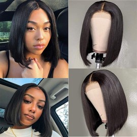 BLACKMOON HAIR 4x4 Short Bob Wigs Brazilian Hair Straight Lace Front Human Hair Bob Wigs for Black Women 130% Density Pre Plucked with Baby Hair Natural Color (12, Bob Straight)