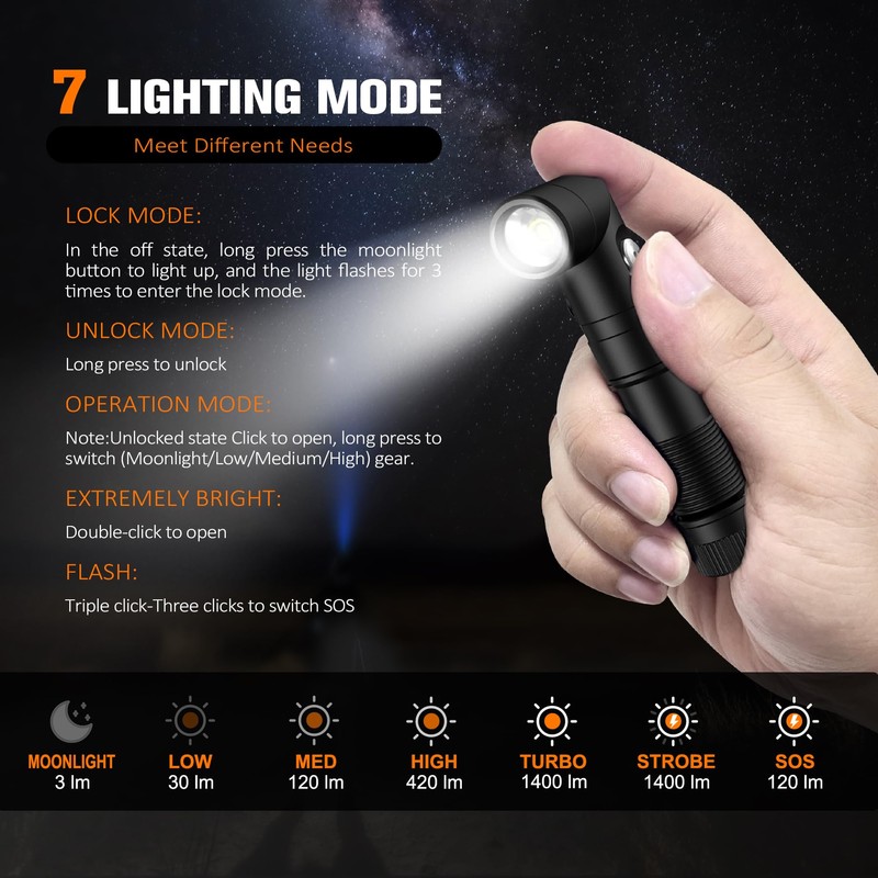 TUNENGE T21X AA Flashlight,1400 High Lumen EDC Pocket 90 Degree