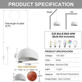 Fivemengo 11.8in Plug in Wabi Sabi Pendant Lights with 19.7ft Cord, White Small Hanging Lamp Lighting Fixture Japanese Japandi Chandelier for Dining Living Room Hallway Bedroom Restaurant 1 Pack