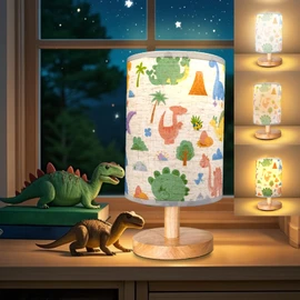Kids Table Lamp for Bedroom,Dinosaur Room Decor for Boys,3 Level Dimmable Wood Nightstand Desk Base Flaxen Fabric Shade for Bedroom Living Room,Dinosaur Gifts for Boys(Dinosaur Lamp) (dinosaur)