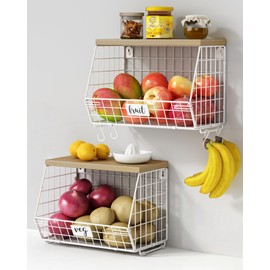 Goozii White Fruit Storage Basket for Kitchen Counter Set of 2, Wall Mount Wire Fruit Basket with Shelf with Banana Hanger, Hanging Countertop Organizer for Bathroom Pantry Cabinet, White + Natural
