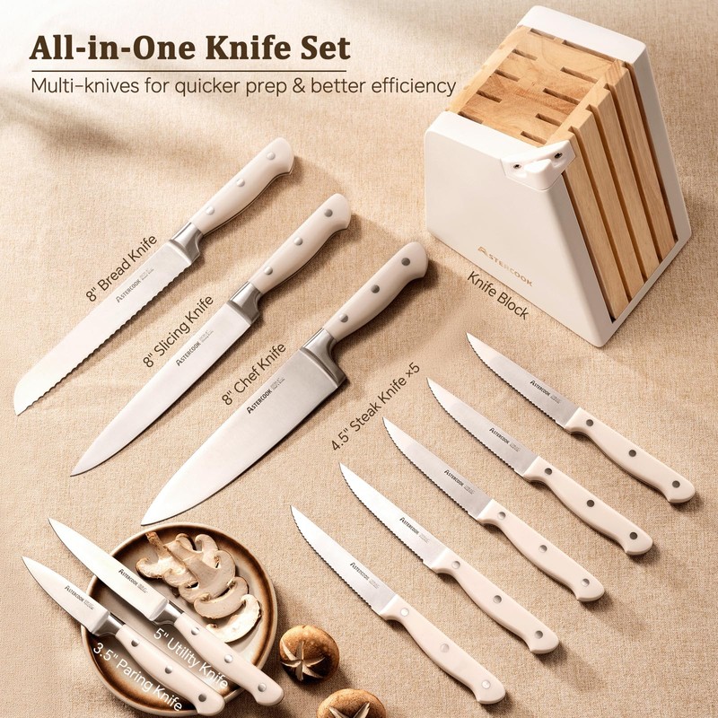 Astercook Knife Set, Kitchen Knife Set with Block and Sharpener,