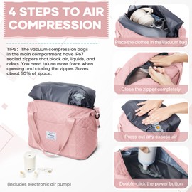 Vacuum Travel Bags with Pump, Large Duffle Bag Personal Item 18x14x8 Inches, Expandable Weekender Bags Women Men, Overnight Carry on Bag for Airplanes, Traveling, Trips, Sport, Hospital - Pink