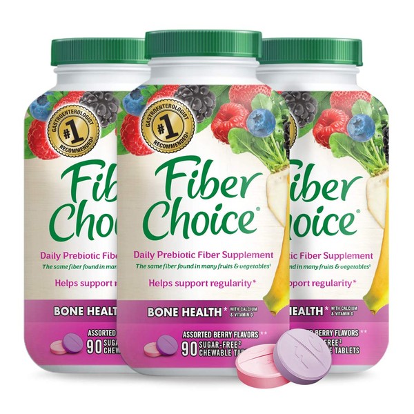 Fiber Choice Bone Health Daily Prebiotic Fiber Chewable Tablets with Calcium & Vitamin D, Assorted Berry, 90 Count (Pack of 3)