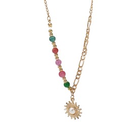Vintage Gold Sun Necklace,Healing Crystal Pearl Choker Dainty Colorful Beaded Necklace Bohemian Charm Pendant Necklace Jewelry for Women (Gold)