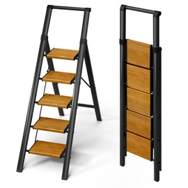 Mayi Plus 5 Step Ladder,Portable Step Ladder with Anti-Slip Wide Pedal,Aluminum Foldable Step Stool with Handrail,330lbs Capacity Stepladder for Home,Office,Library (Black Woodgrain)