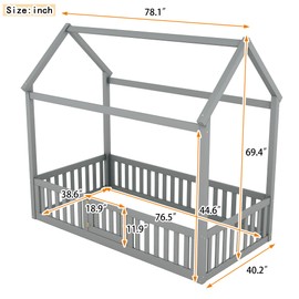 Merax Twin Size Wood House Bed with Fence and Door, Wooden Bedframe with Roof for Teens, Boys or Girls, Grey