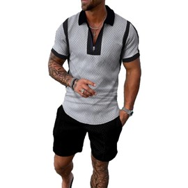 Kubsid Black Grey Mixed L Men Track Suits 2 Piece Set Summer Casual Outfits Fashion Polo Shirts Short Sleeve and Shorts Set Vacation Clothes