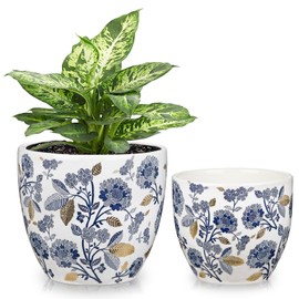 Decorative Flower Pots Blue and White Plant Pot Gold Accent Ceramic Planters for Indoor Plants Pots with Drainage Retro Planter Pot for Succulents Cactus Herb Snake Plants Outdoor Garden, 7.6/5.5 Inch