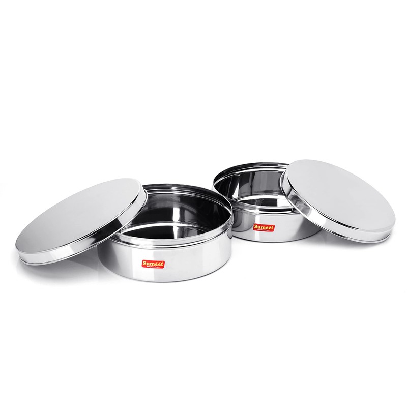 Sumeet Stainless Steel Flat Canisters/Puri Dabba/Storage Containers Set of 2Pcs