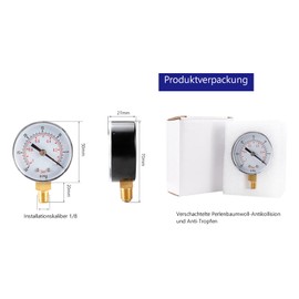 1/8” BSPT Bottom Connection Vacuum Pressure Gauge, 50mm Dial Display, 1-0Bar -30-0inHg Dual Scale Gauge Meter for Air Water Oil Gas Measurement