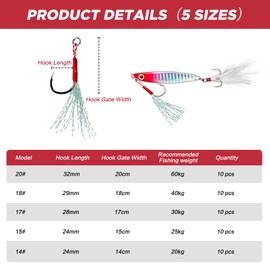 EWEIS 50 Pcs Alloy Reinforced Fishing Hooks Kit for Slow Fast Jigs Jigging Lure Hooks,Strong Butterfly Fishing Jigs Hooks for Fishing Lures and Bait with Carbon Steel Barb Hook(5 Size,#20/18/17/15/14)