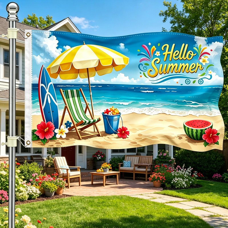 3×5Ft Hello Summer Beach Flag, Tropical Summer Themed Decorative Flag
