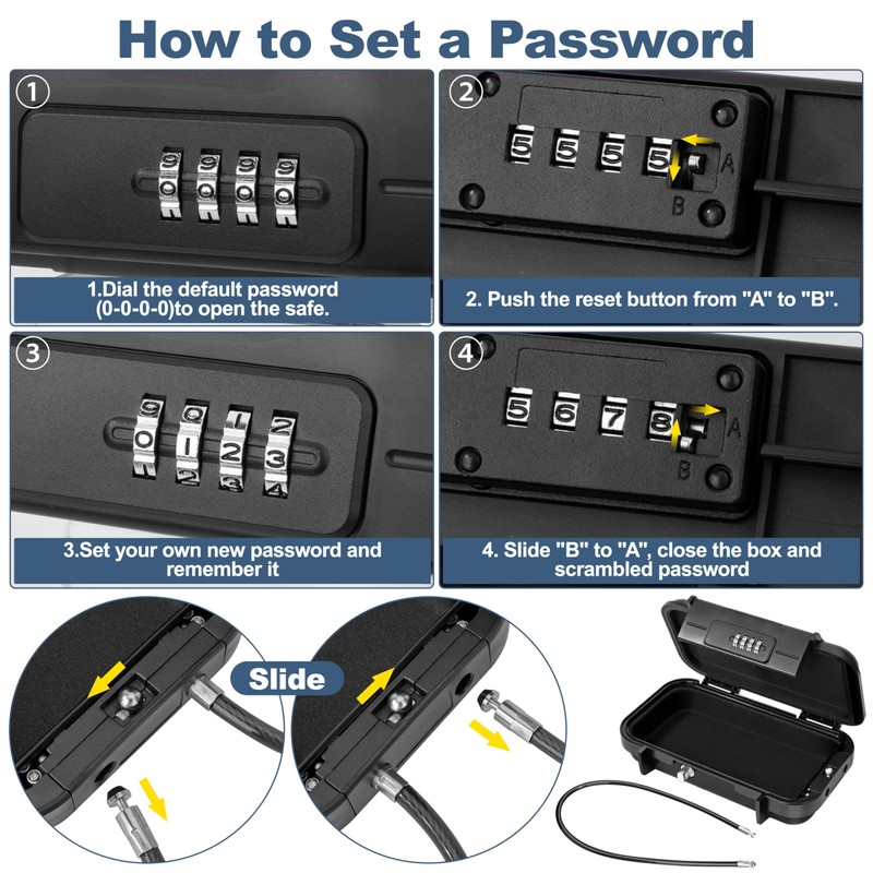 Portable Safe with Number Code, Security Box with Wire Rope,