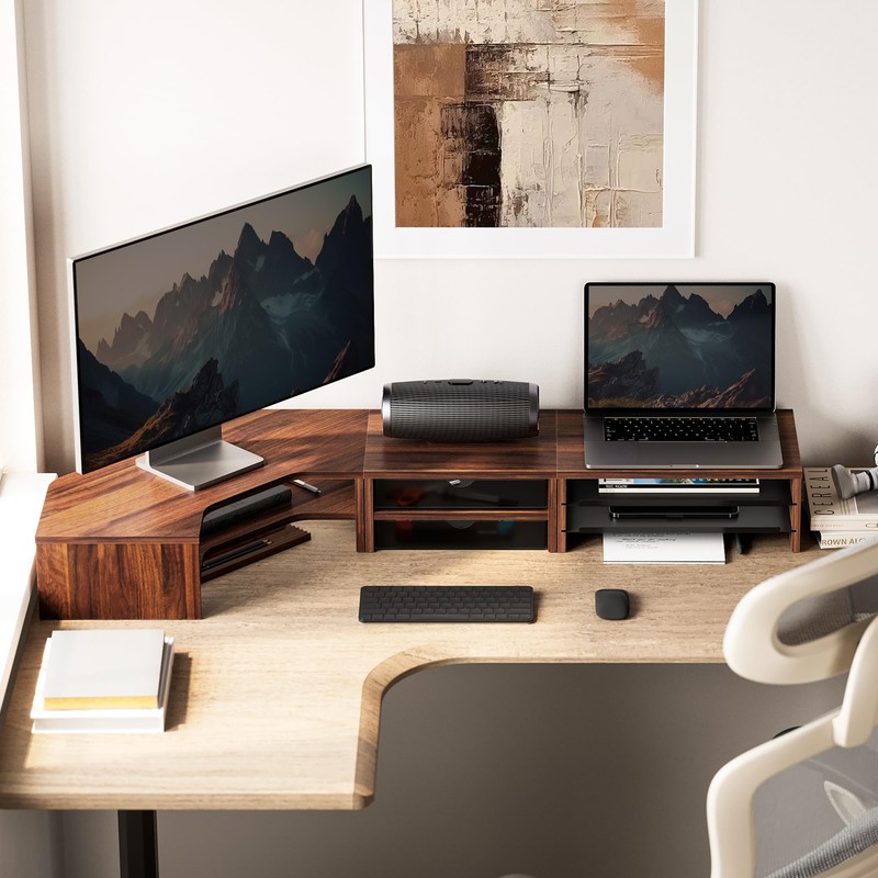 Fenge Dual Monitor Stand, Corner Desk Shelf with Drawer &