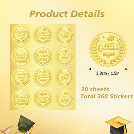 Lucleag 360 PCS Embossed Graduation Envelope Seals Stickers, Gold Foil Class of 2026 Graduation Stickers for Congrats Grad Envelopes Seals Gift Cards Present Packaging Party Favor, 1.5 in
