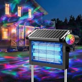Solar Bug Zapper Outdoor, Rechargeable & Solar Powered, 4500V High Voltage for Effective Mosquito & Multi-Insect, 14-Color Projector Light, Waterproof for Camping Patio Courtyard Path Outdoor