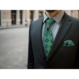 S&W SHLAX&WING Neckties for Men Green Navy Checkered Satin Tie and Pocket Square Combo Extra Long 160cm