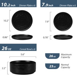 LIANYU 18 Piece Dinnerware Dishes Sets for 6, Stoneware Plates and Bowls Dishware Set, Ceramic Dinning Ware Includes Dinner Salad Plates, Cereal Bowls, Chip & Scratch Resistant, Obsidian Matte Black