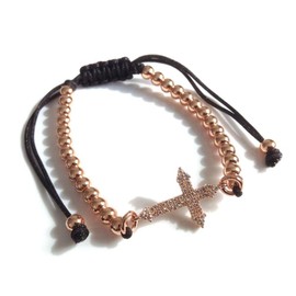 Rose Plated Cubic Zirconia Sideways Cross Ball Adjustable Macrame Bracelet