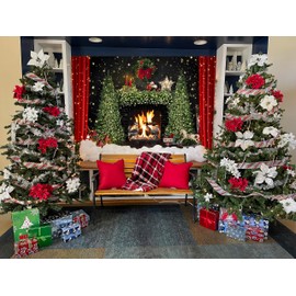 Christmas Fireplace Backdrop for Photography 8x6ft Christmas Party Selfie Photo Background Christmas Tree with Floor Picture Xmas Theme Decorations Banner Photo Booth Props