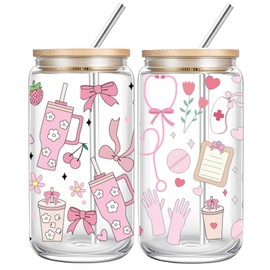 DHQH 2 Pcs Nurse Appreciation Gifts, 16 Oz Nurse Glass Cups with Lid and Straw, Christmas Birthday Gifts for Women Nursing RN Nurses Practitioner