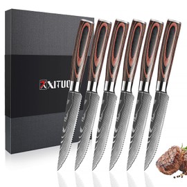 XT XITUO Serrated Steak Knife Set - 6pcs Premium 4.5 inch Kitchen Cutting Steak Knives, German Stainless Steel Knife Professional Table Dinner Knife with Pakkawood Handle for Home Restaurant