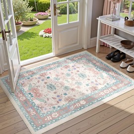 Pink Floral Rugs for Entryway - Deerly 2x3 Washable Throw Rug Small Vintage Boho Bathroom Door Mat Non-Slip Soft Low Pile Thin Indoor Carpet for Kitchen Entrance Farmhouse, Light Pink/Blue/Multi