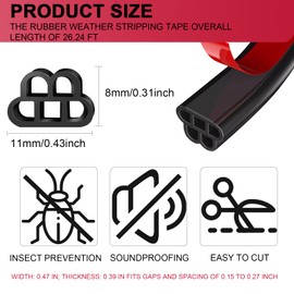 20FT Rubber Weather Stripping Door Seal Strip, Door Rubber Weather Seal Strip, Self-Adhesive Door Weatherstripping Soundproofing Seal Strip for Door Windows (for Gaps from 0.15 to 0.27inch)