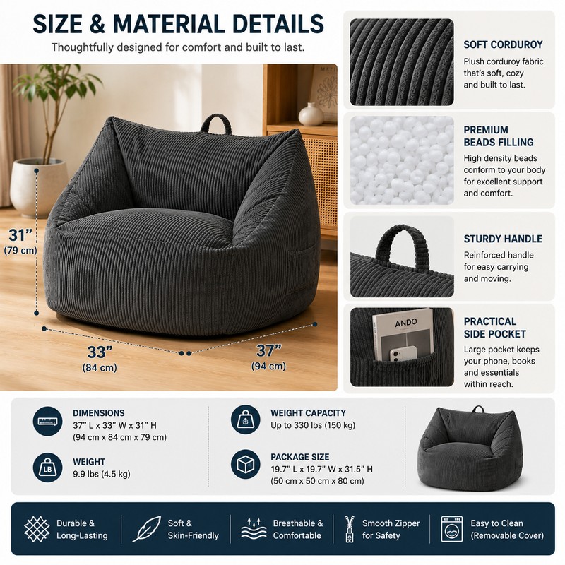 Dark Grey Bean Bag Chair with Handle, Floor Sofa for