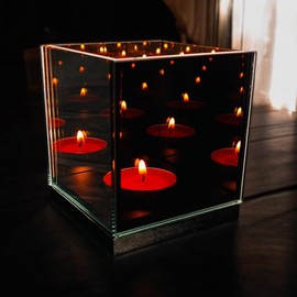 Infinity Mirror Tea Light Candle Holder 1 Slot with Electric Flameless Compatible Design - Glass Reflective Centerpiece with Wooden Base for Events & Weddings - Decorative Votive Light Box