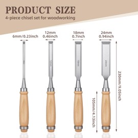Chisel Set for Wood, 4 Pieces, Wood Chisel with Impact Cap, Woodworking Tools, Ripping Chisel Set Made of CRV Steel, Carving Tool, Wood Chisel for Precise Work 6/12/18/24 mm