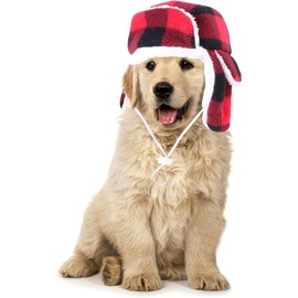 Christmas Dog Hat with Earmuffs,Warm Winter Dog Hat with Adjustable Elastic Band,Red Plaid Pet Cap,Pet Ears Warm,Snood Head Wrap,Xmas Dog Headwear,Christmas Dress up Costume Hat (Red, One Size)
